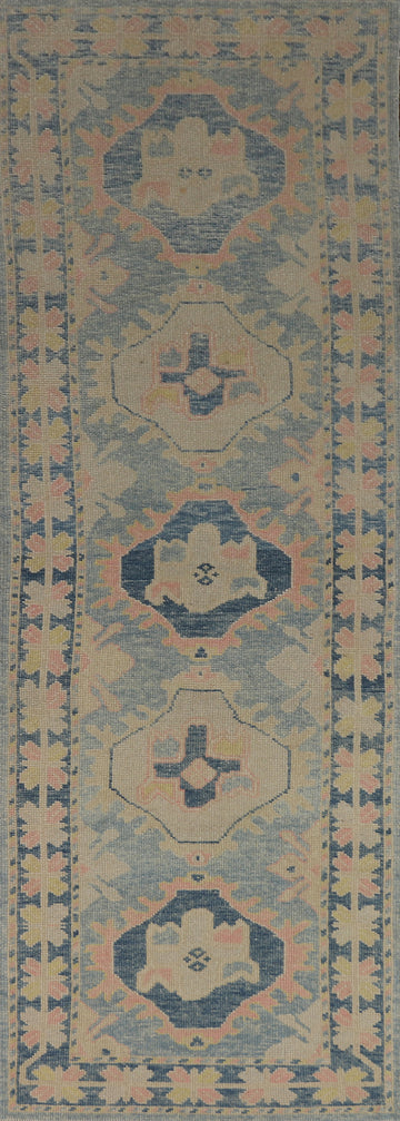 Vegetable Dye Blue Oushak Turkish Runner Rug 3x11