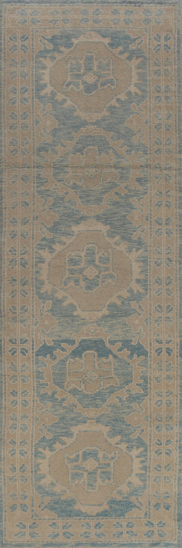 Vegetable Dye Blue Oushak Turkish Runner Rug 3x13