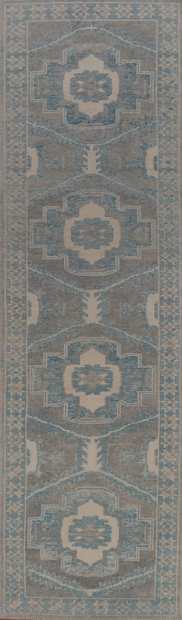 Gray & Blue Handmade Oushak Vegetable Dye Runner Rug 3x14