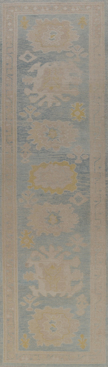 Floral Blue Oushak Vegetable Dye Runner Rug 3x13