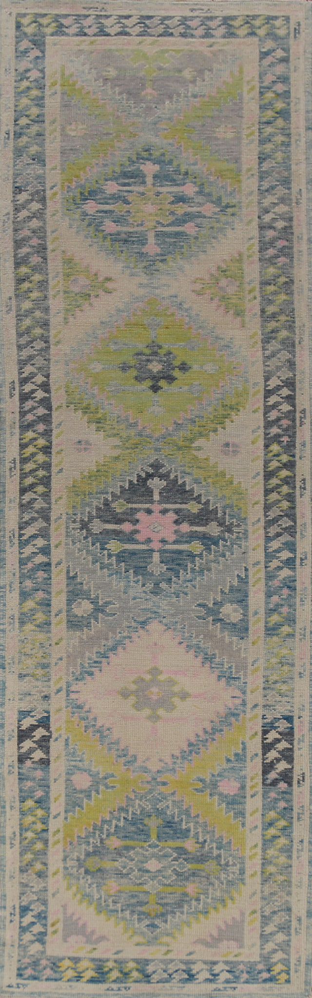 Green & Blue Geometric Oushak Vegetable Dye Runner Rug 3x13