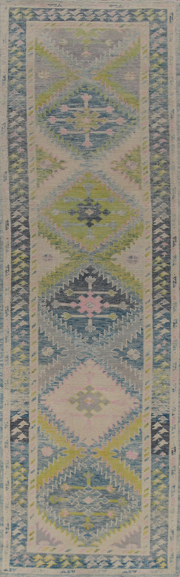 Green & Blue Geometric Oushak Vegetable Dye Runner Rug 3x13