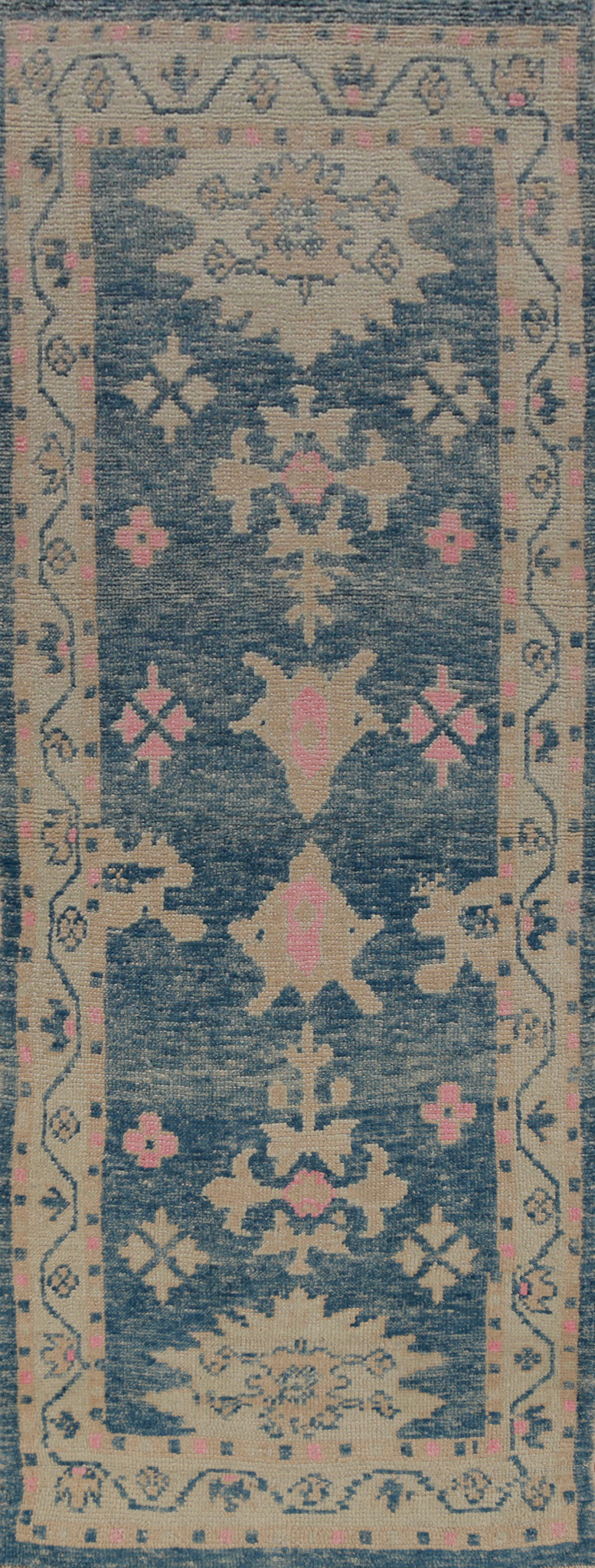 Vegetable Dye Blue Oushak Turkish Runner Rug 3x9