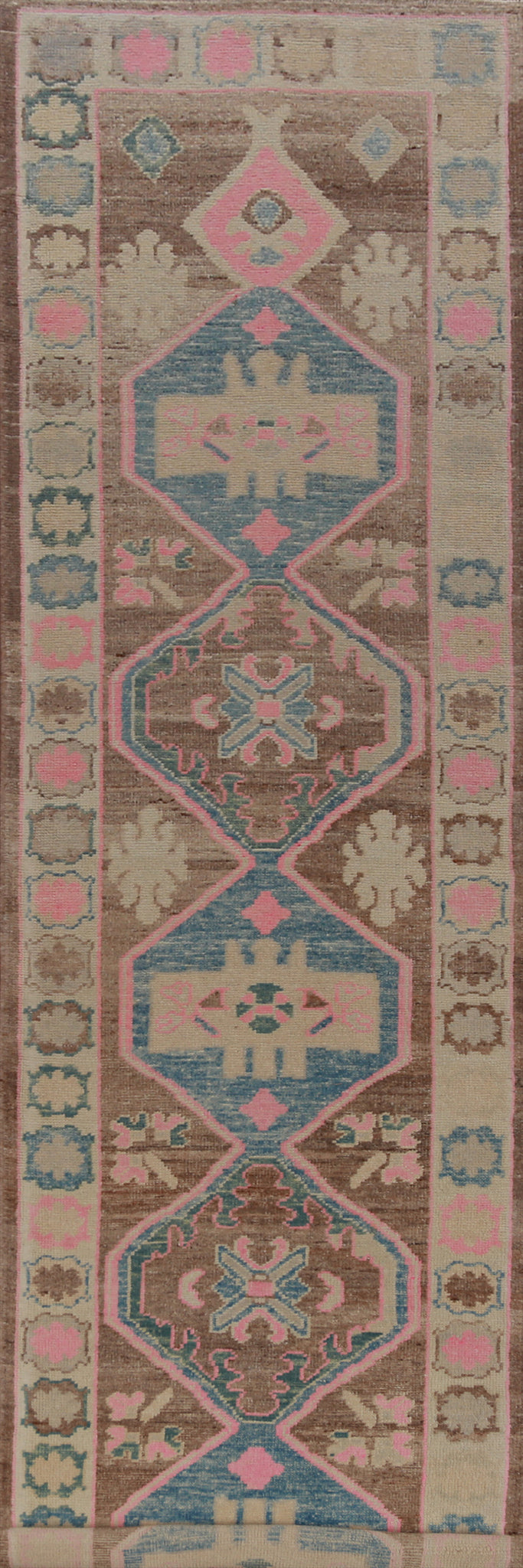 Brown Geometric Oushak Vegetable Dye Runner Rug 3x16