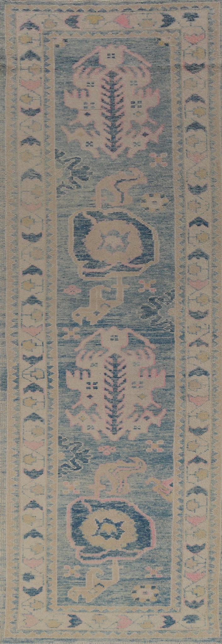 Vegetable Dye Blue Oushak Turkish Runner Rug 3x12