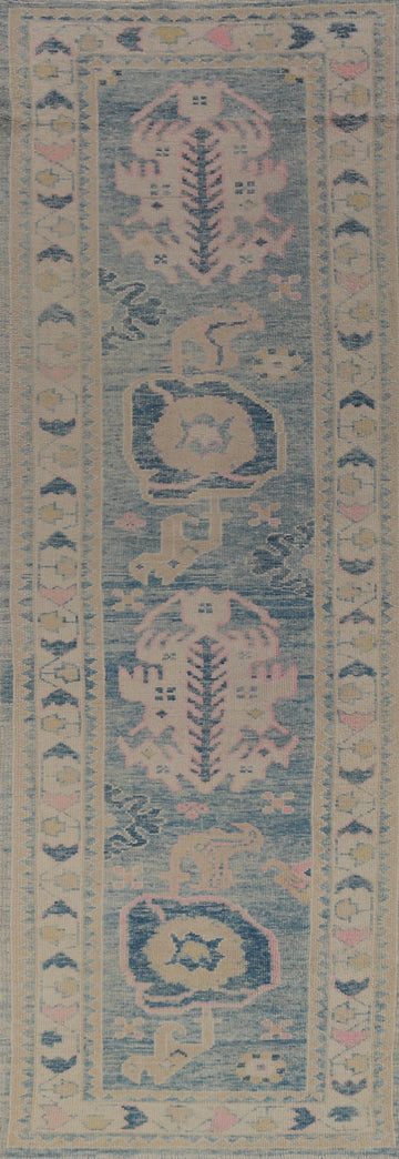 Vegetable Dye Blue Oushak Turkish Runner Rug 3x12