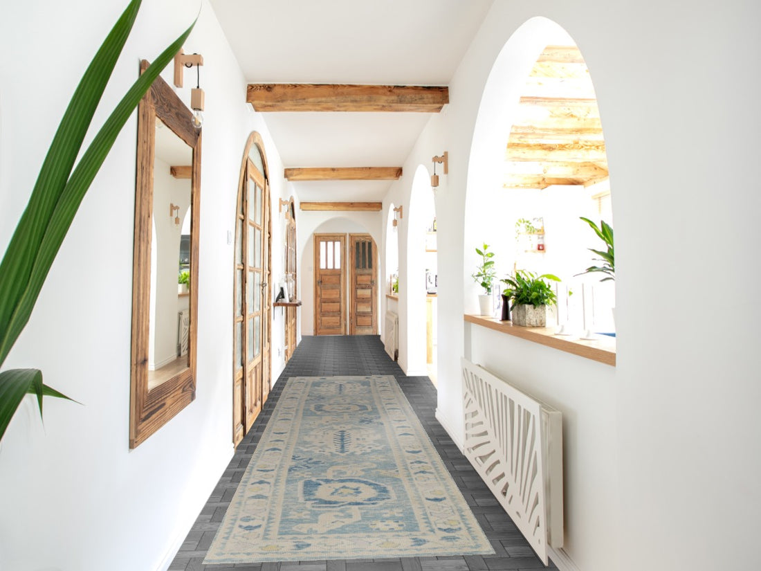 Vegetable Dye Blue Oushak Turkish Runner Rug 3x13