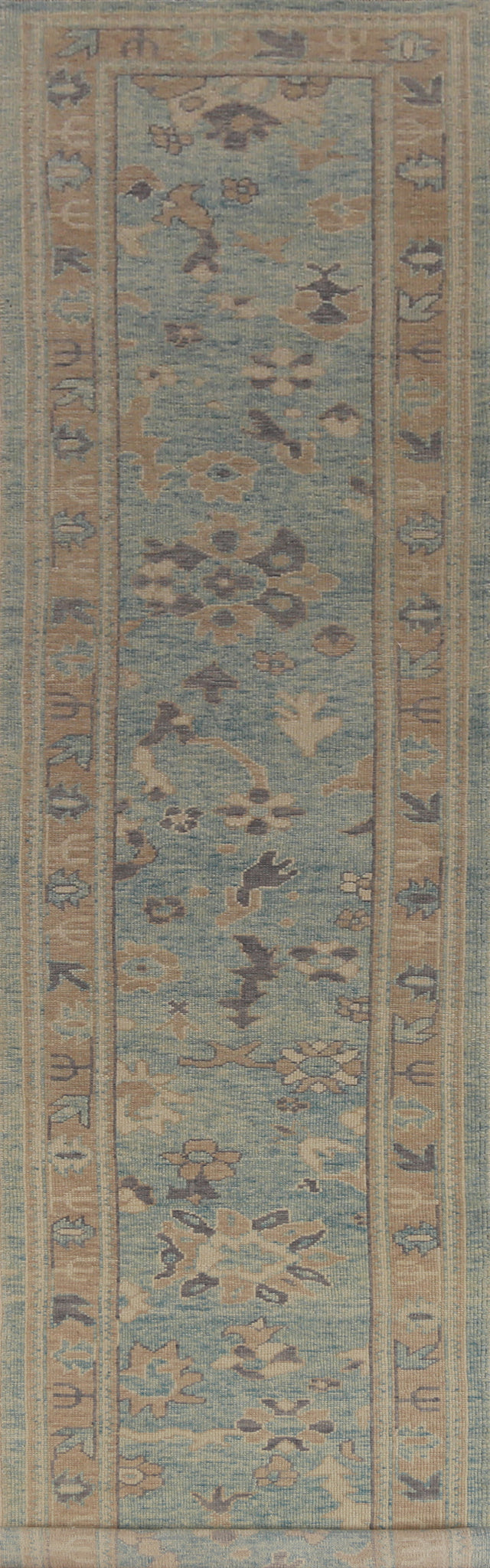 Light Blue Floral Oushak Vegetable Dye Runner Rug 3x17
