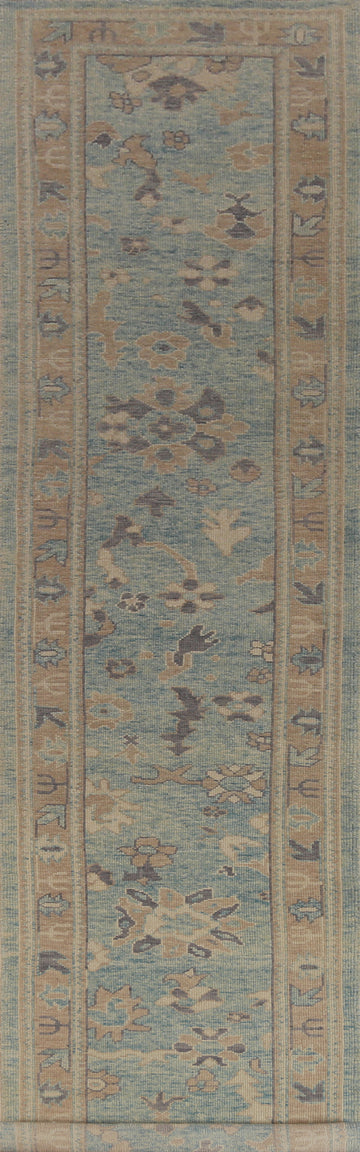 Light Blue Floral Oushak Vegetable Dye Runner Rug 3x17