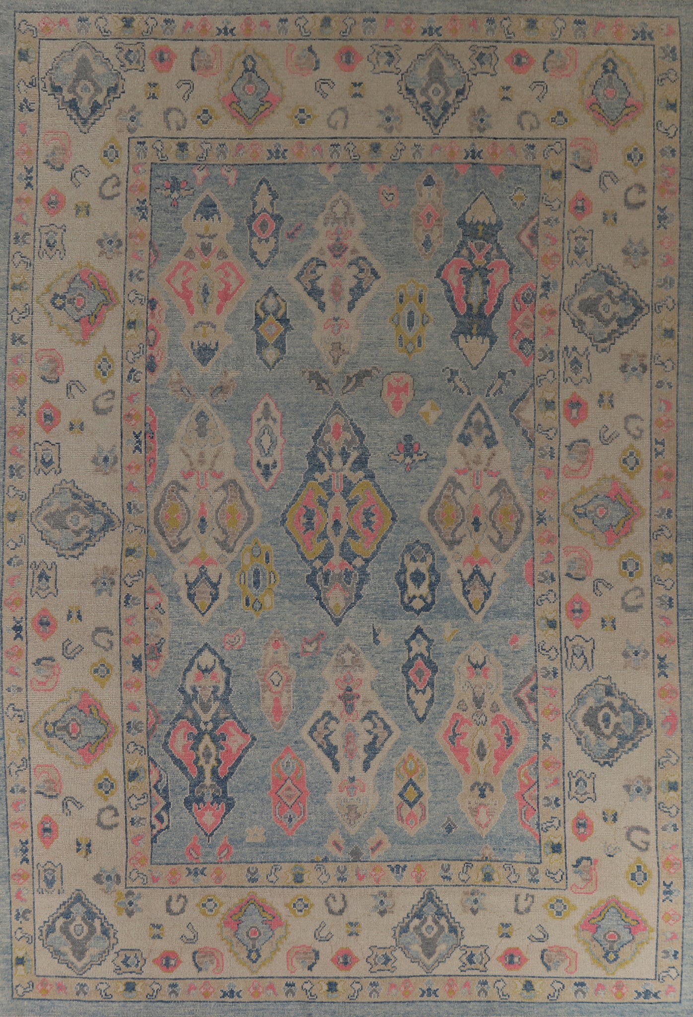 Geometric Blue Oushak Vegetable Dye Area Rug 9x13