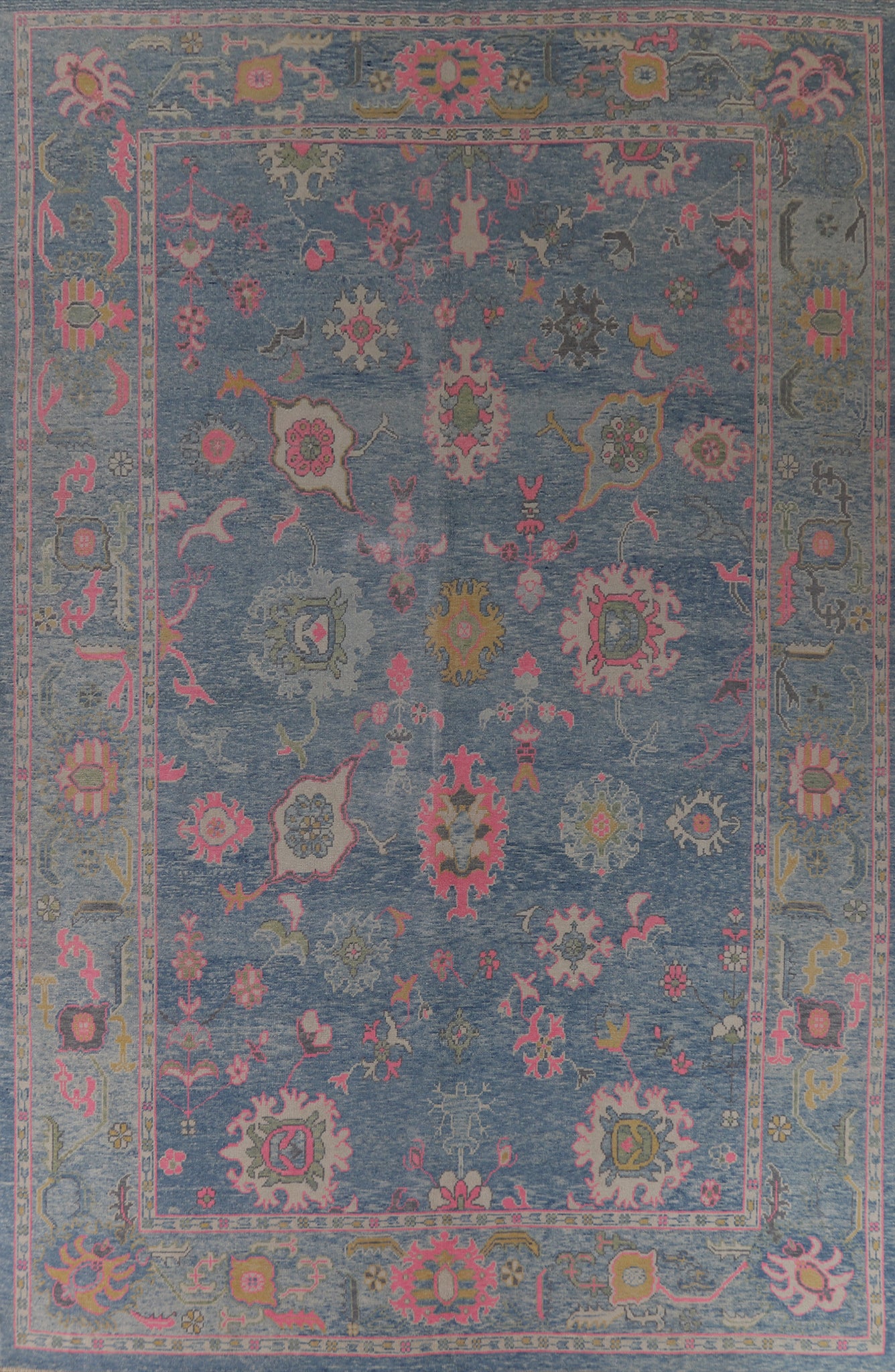 Floral Blue Vegetable Dye Oushak Turkish Large Rug 10x14