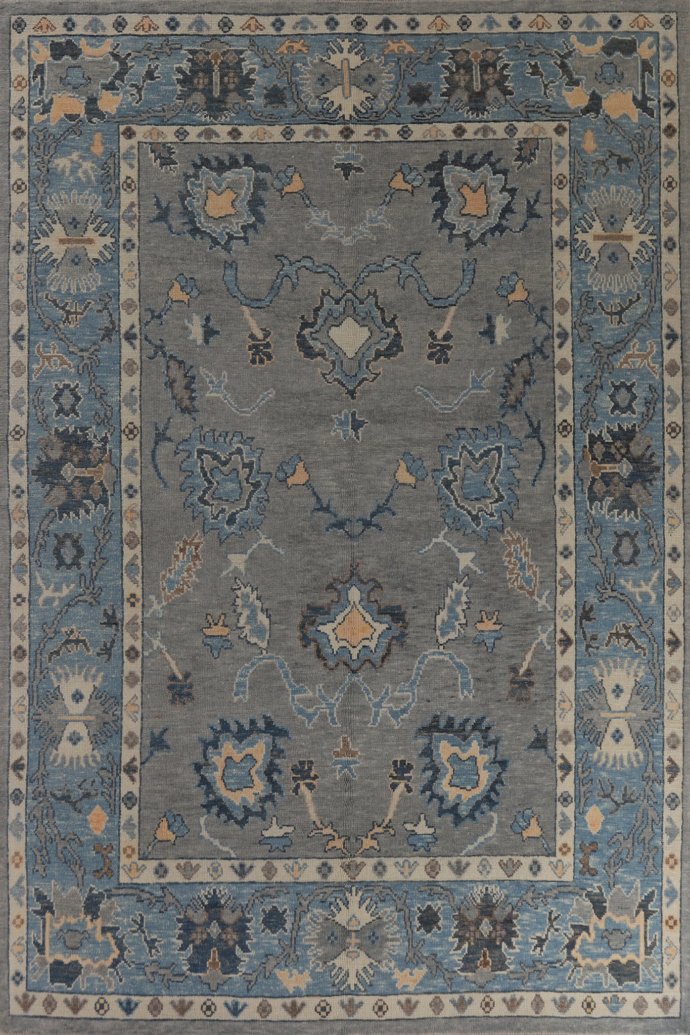 Gray & Blue Floral Oushak Vegetable Dye Area Rug 8x12