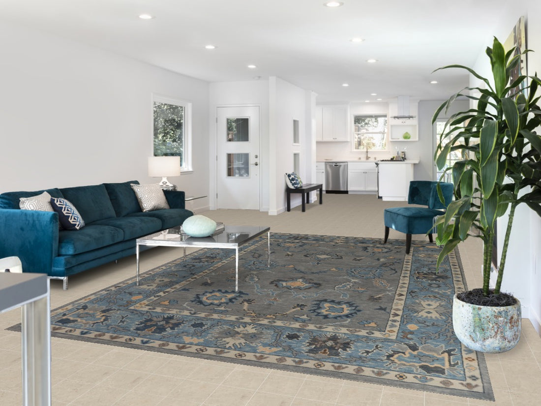Gray & Blue Floral Oushak Vegetable Dye Area Rug 8x12