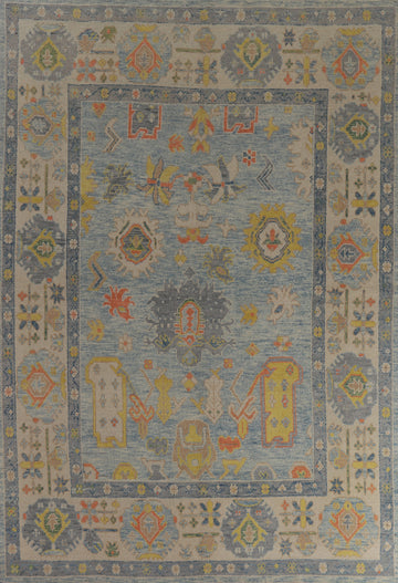 Light Blue Floral Oushak Vegetable Dye Area Rug 8x11