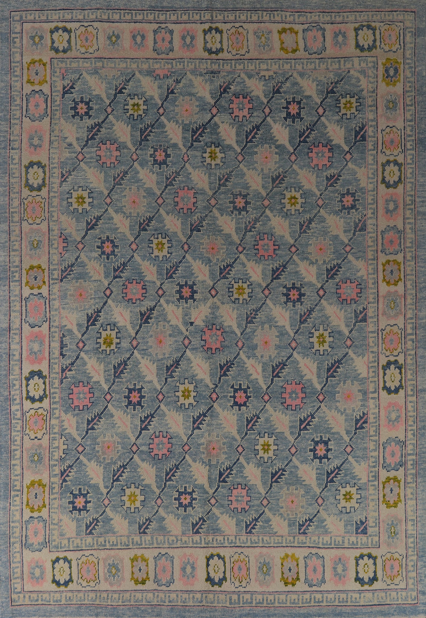 All-Over Floral Blue Oushak Vegetable Dye Area Rug 8x11