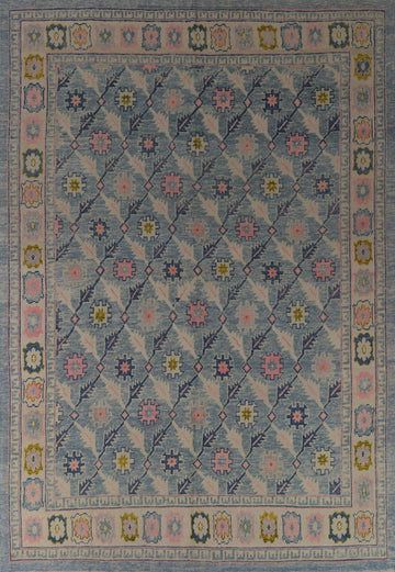 All-Over Floral Blue Oushak Vegetable Dye Area Rug 8x11