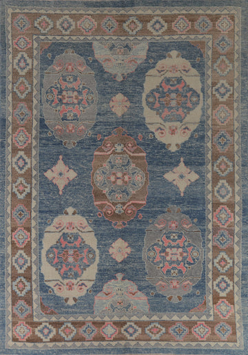 Geometric Blue Oushak Vegetable Dye Area Rug 8x11