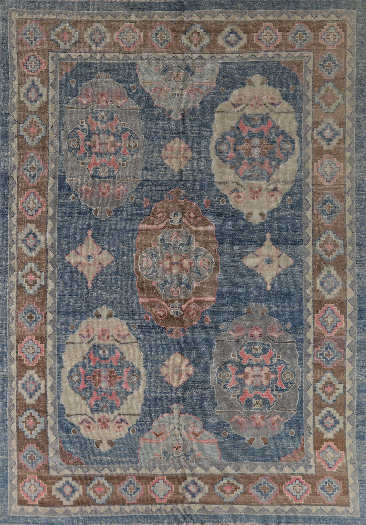 Geometric Blue Oushak Vegetable Dye Area Rug 8x11