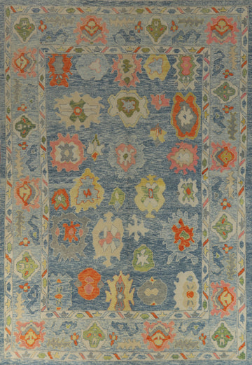 Vegetable Dye Blue Floral Oushak Turkish Area Rug 9x13