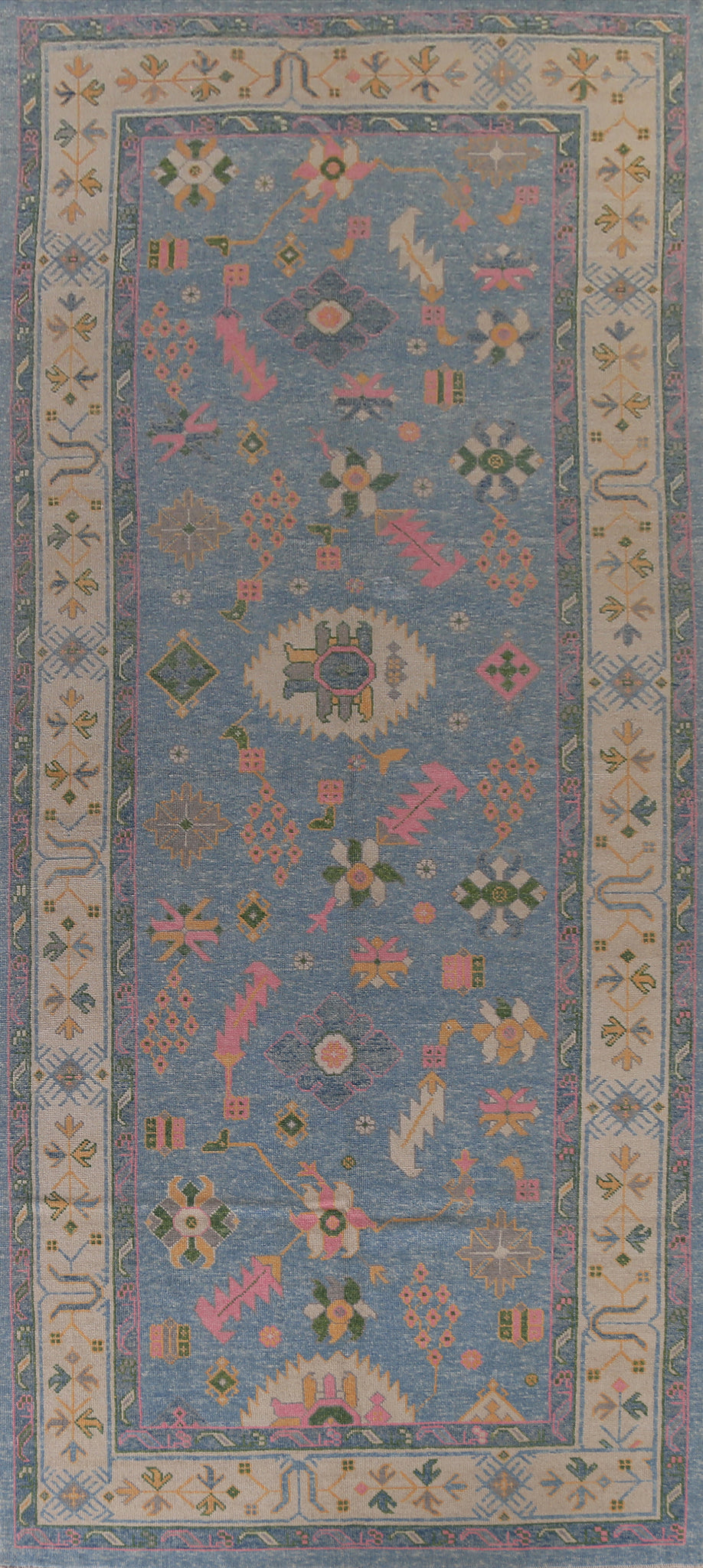 Vegetable Dye Blue Oushak Turkish Large Rug 7x18