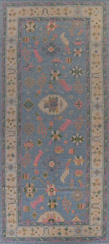 Vegetable Dye Blue Oushak Turkish Large Rug 7x18