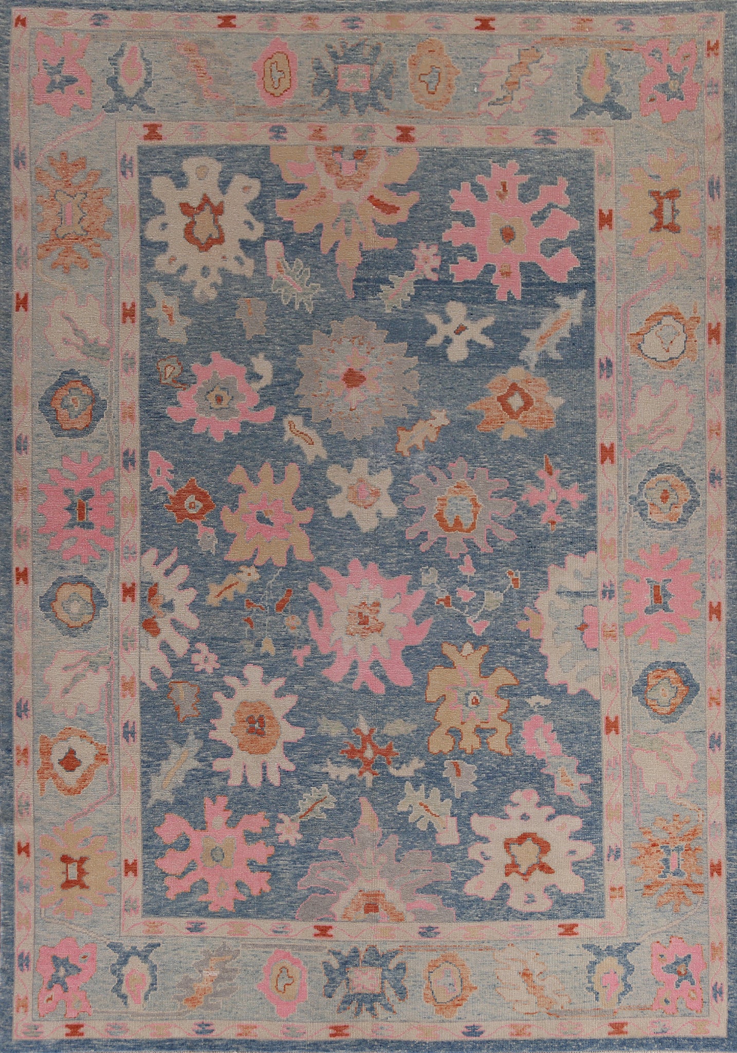 Handmade Blue Floral Oushak Vegetable Dye Area Rug 9x12