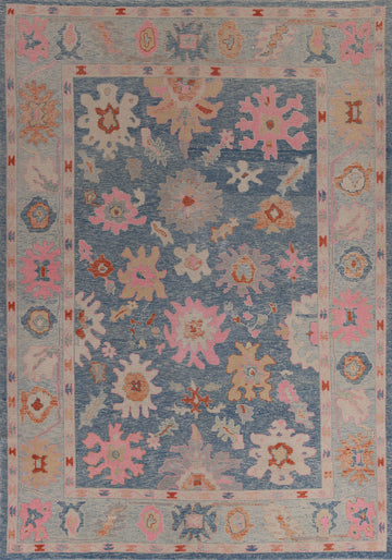 Handmade Blue Floral Oushak Vegetable Dye Area Rug 9x12