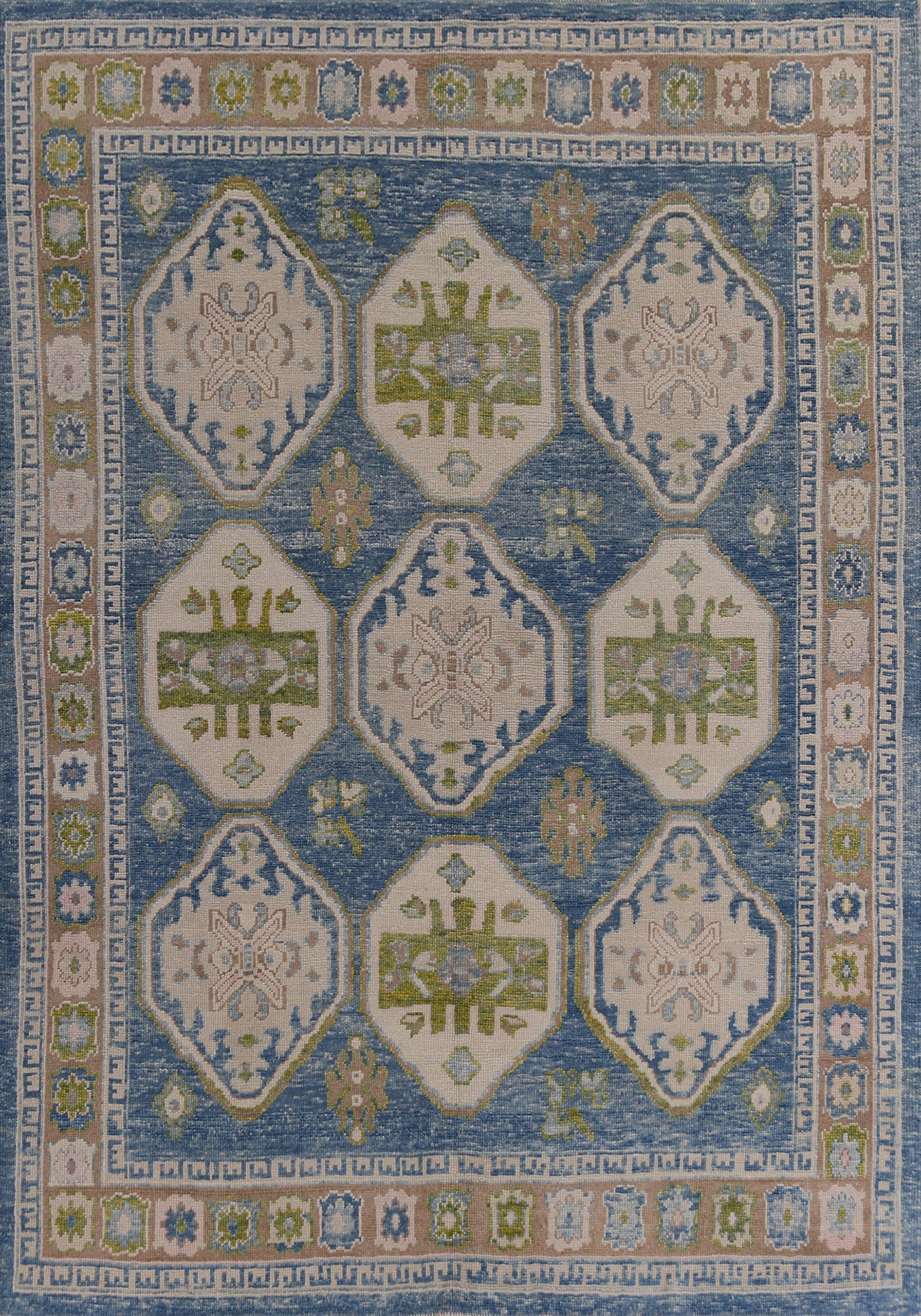 Blue Geometric Wool Oushak Vegetable Dye Area Rug 8x11