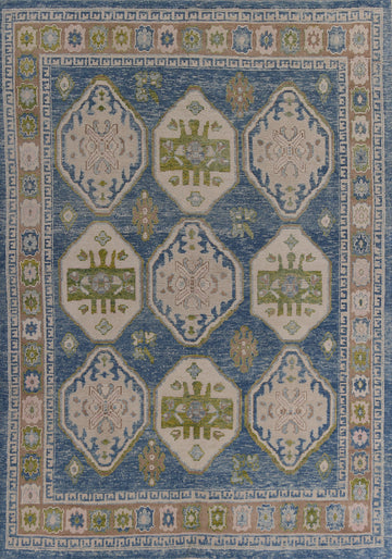 Blue Geometric Wool Oushak Vegetable Dye Area Rug 8x11