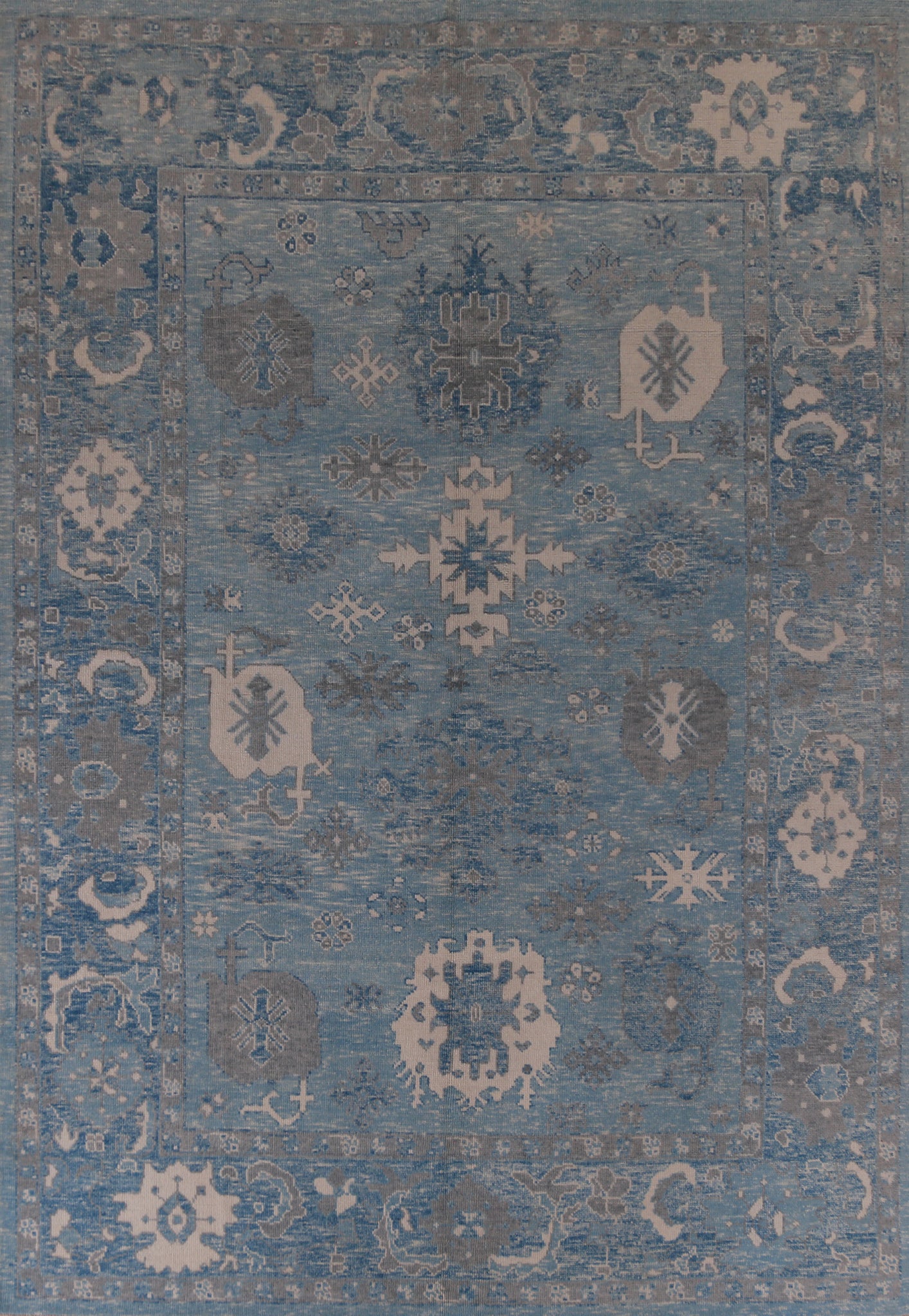 All-Over Blue Floral Oushak Vegetable Dye Area Rug 9x13