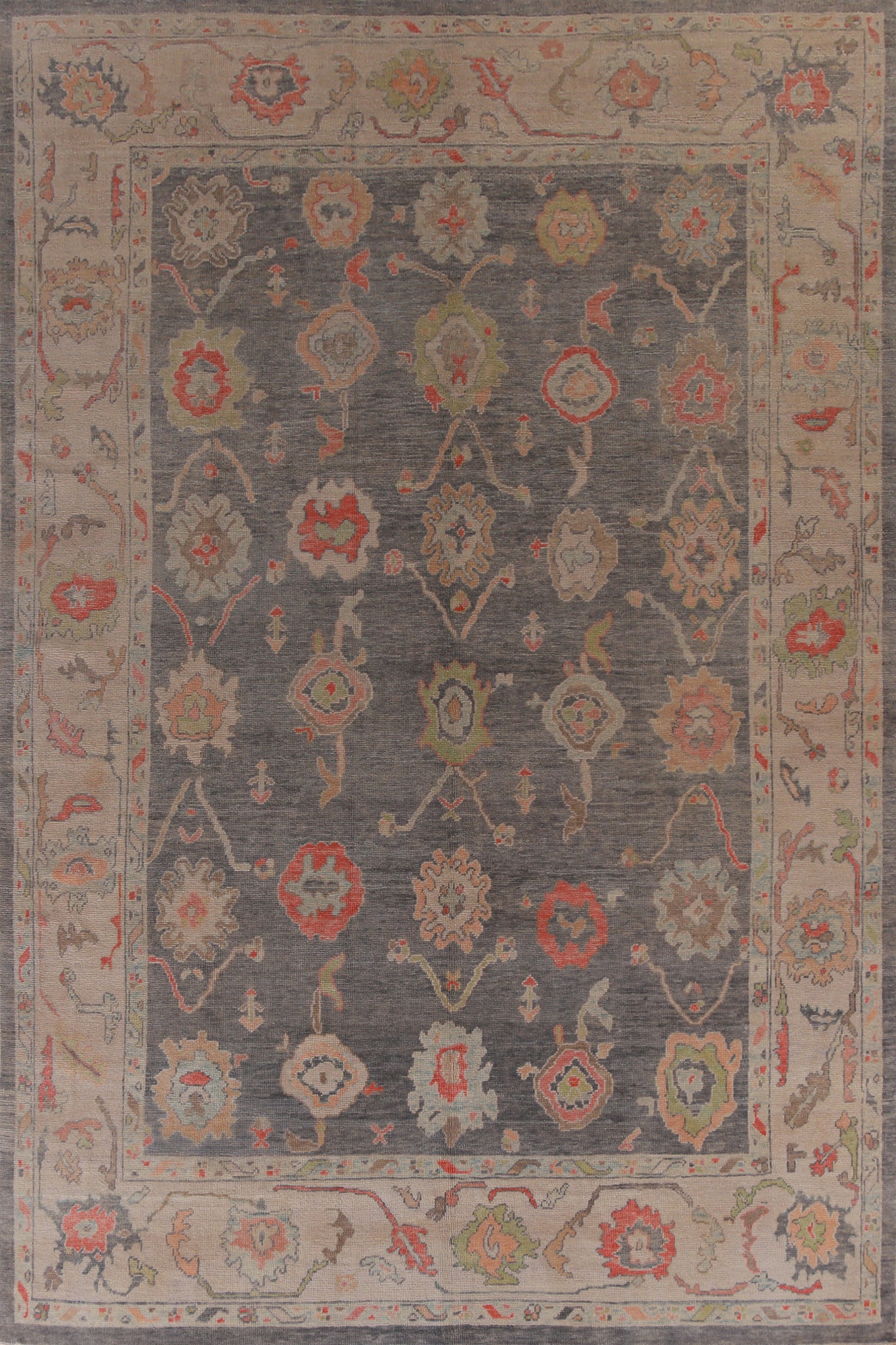 Floral Gray Wool Oushak Vegetable Dye Large Rug 10x14