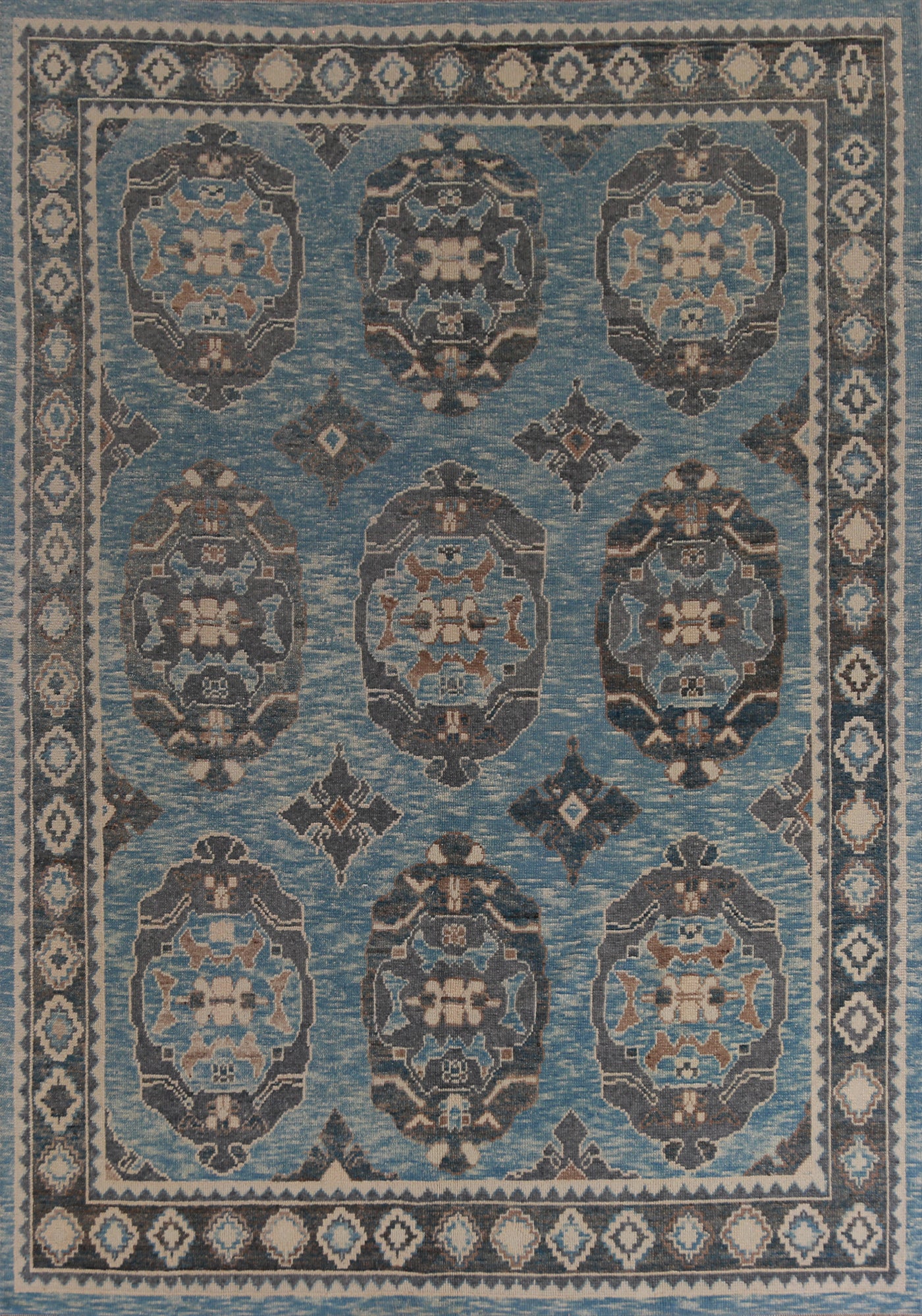 Geometric Blue Oushak Vegetable Dye Area Rug 8x11