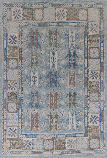 Geometric Blue Oushak Vegetable Dye Area Rug 8x11