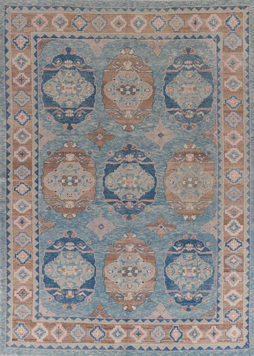 Geometric Blue Oushak Vegetable Dye Area Rug 9x12