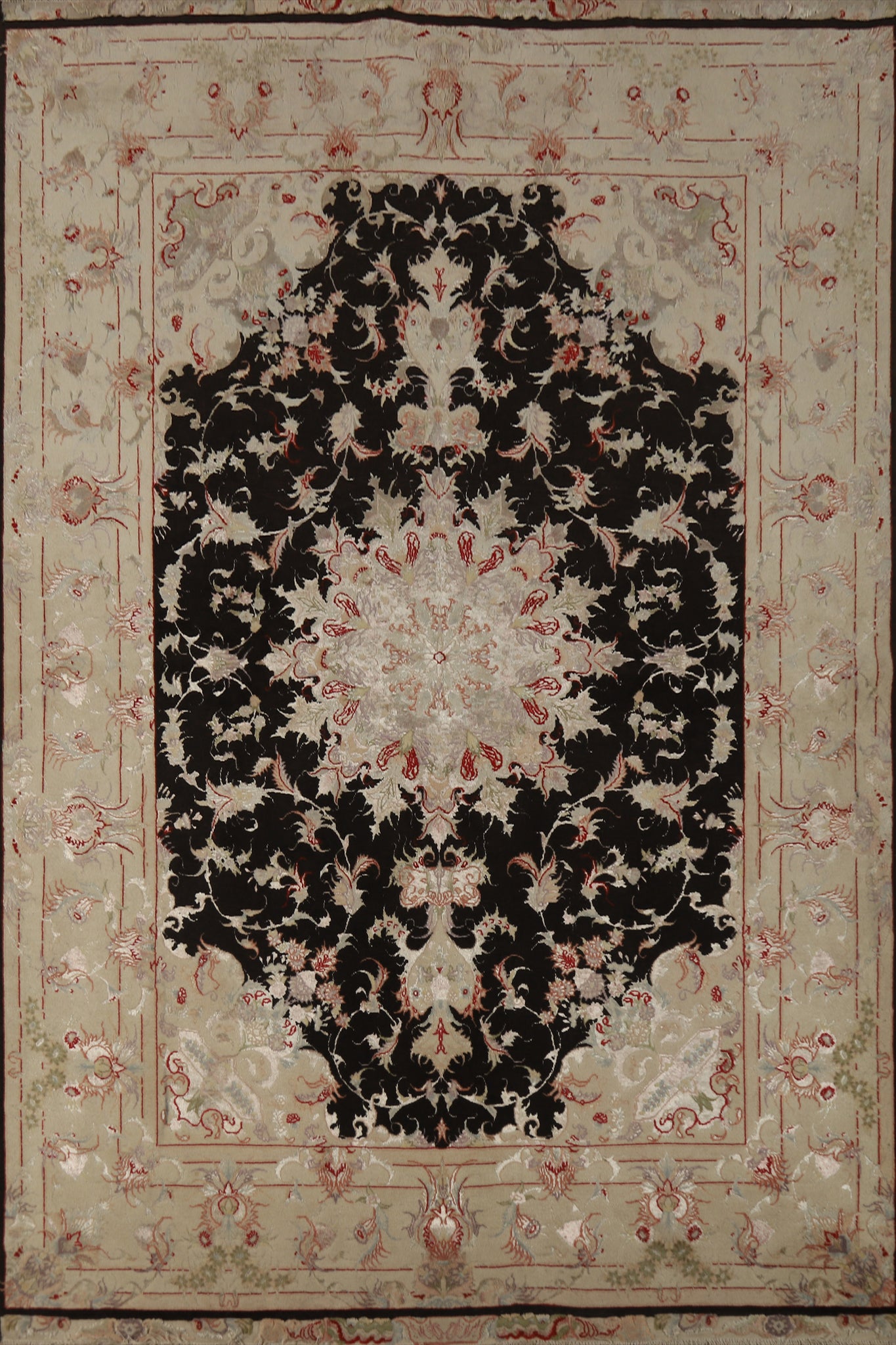 Vegetable Dye Black Silk Floral Tabriz Persian Rug 5x7