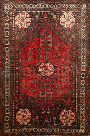 Vintage Geometric Shiraz Persian Rug 4x5