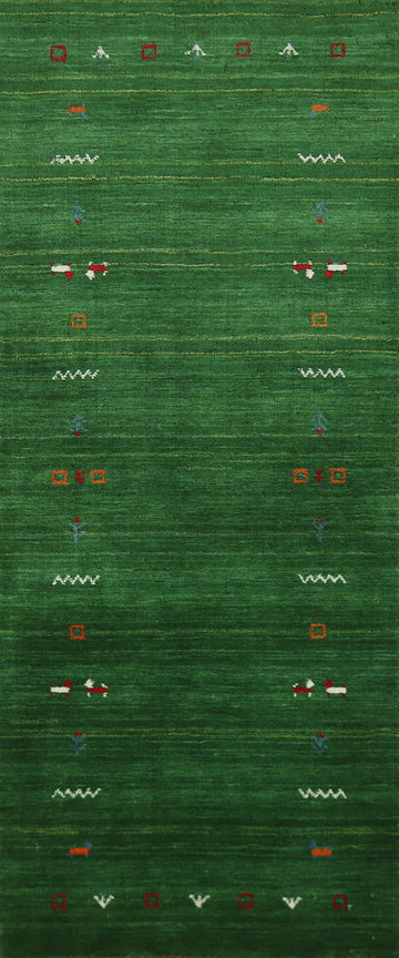 Handmade Green Gabbeh Indian Runner Rug 3x8