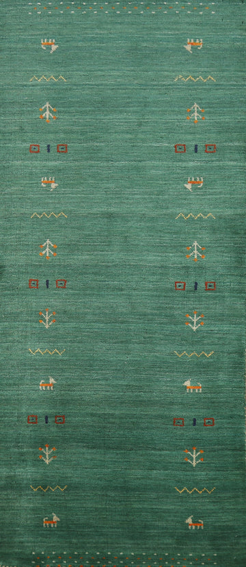 Green Wool Gabbeh Indian Runner Rug 3x8