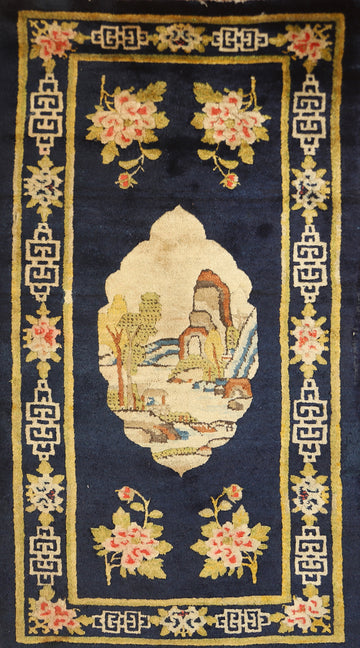 Pictorial Blue Art Deco Chinese Accent Rug 2x4