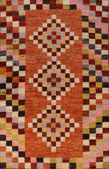 Checkered Wool Orange Moroccan Oriental Area Rug 7x10