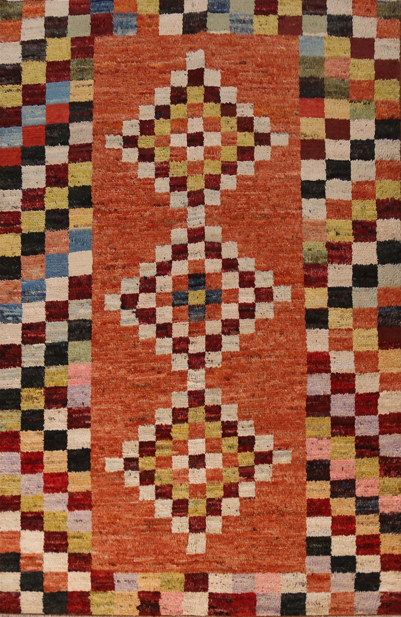 Checkered Wool Orange Moroccan Oriental Area Rug 7x10