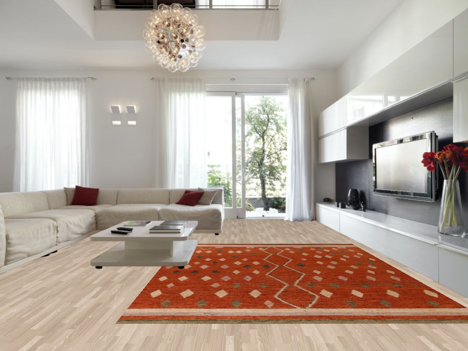 Orange Wool Moroccan Oriental Large Rug 10x14