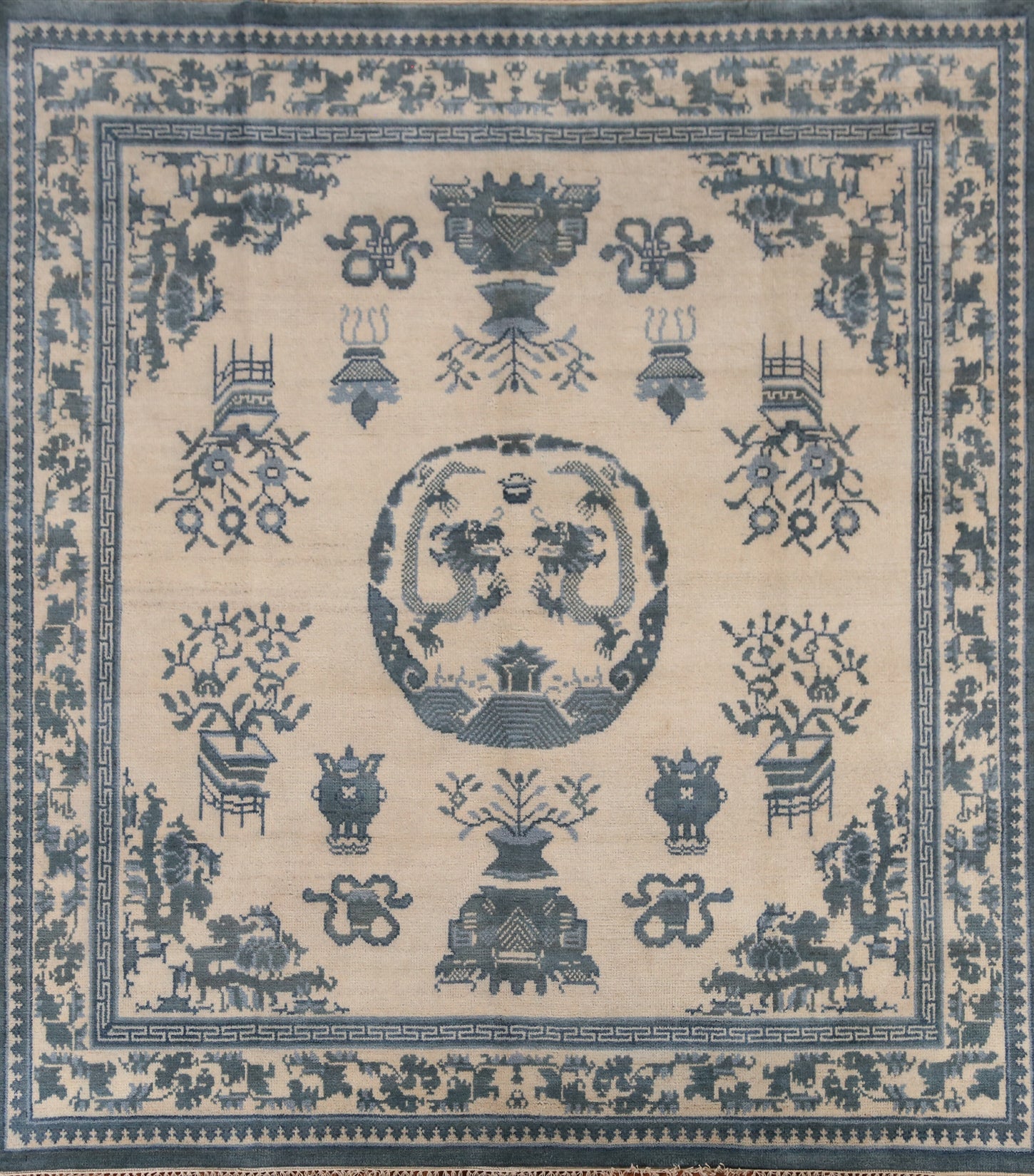 Handmade Wool Art Deco Indian Square Rug 8x8