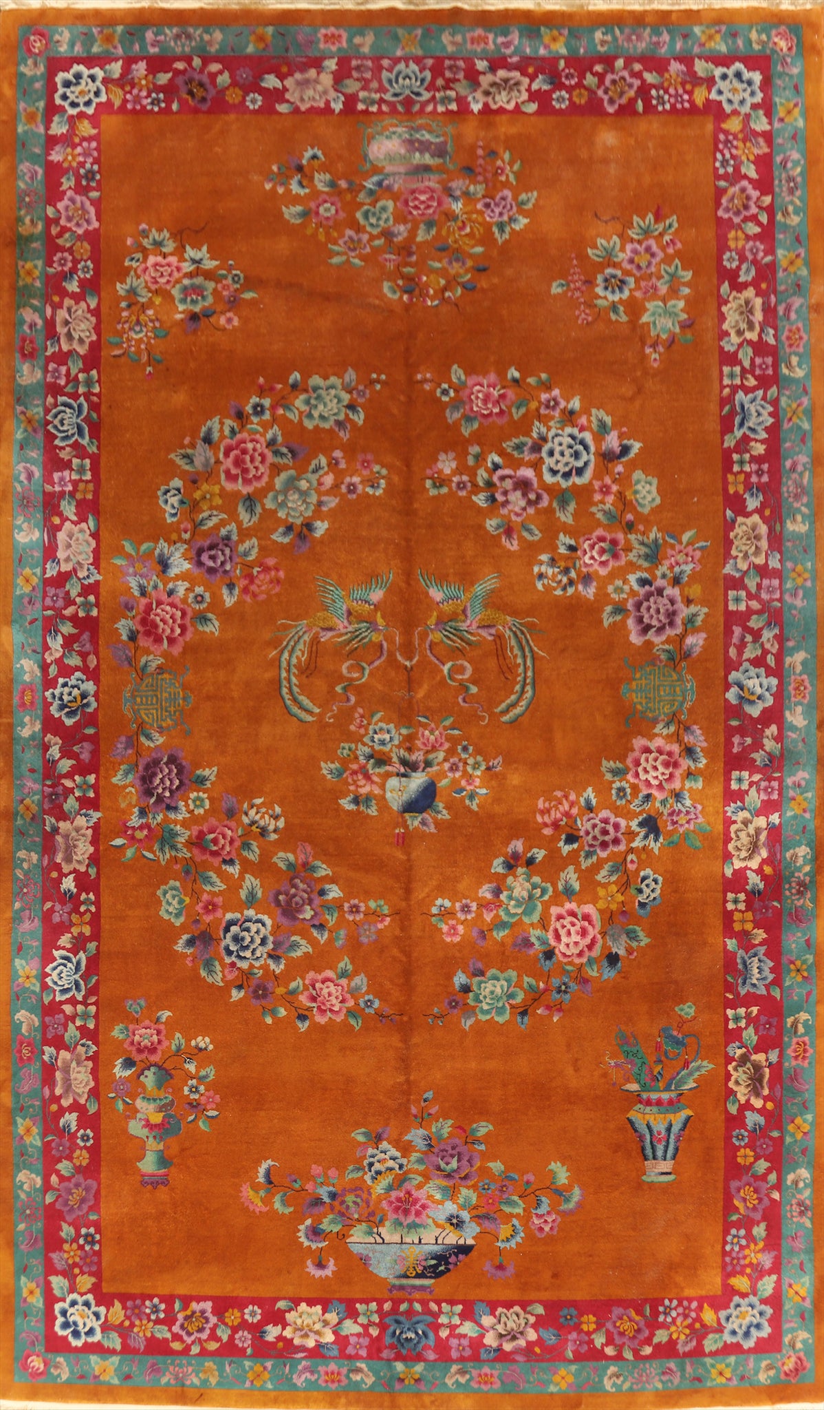 Orange Vegetable Dye Art Deco Nichols Chinese Large Rug 11x18