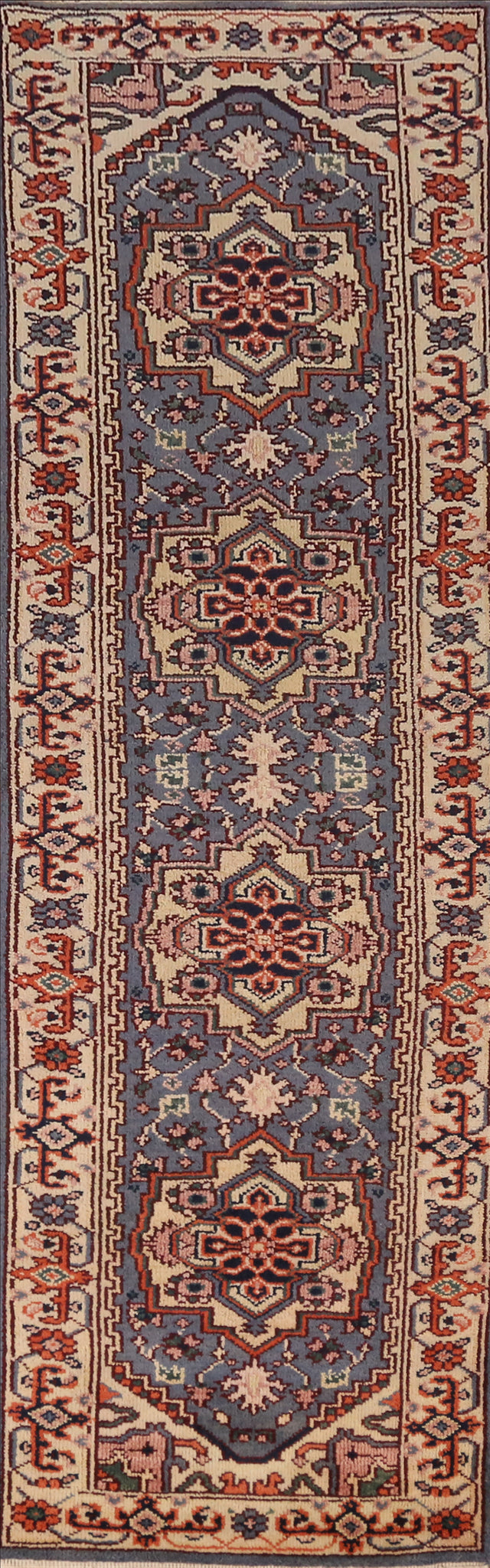 Blue Handmade Heriz Serapi Indian Runner Rug 3x10