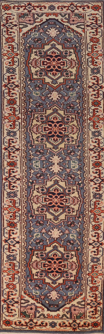 Blue Handmade Heriz Serapi Indian Runner Rug 3x10