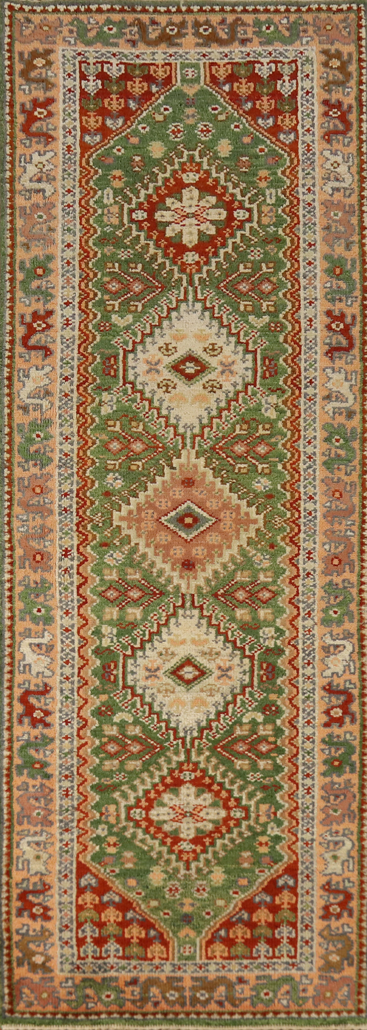 Green Geometric Heriz Serapi Indian Runner Rug 3x8