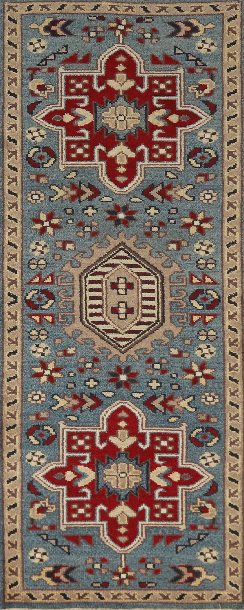 Light Blue Heriz Serapi Indian Runner Rug 3x8