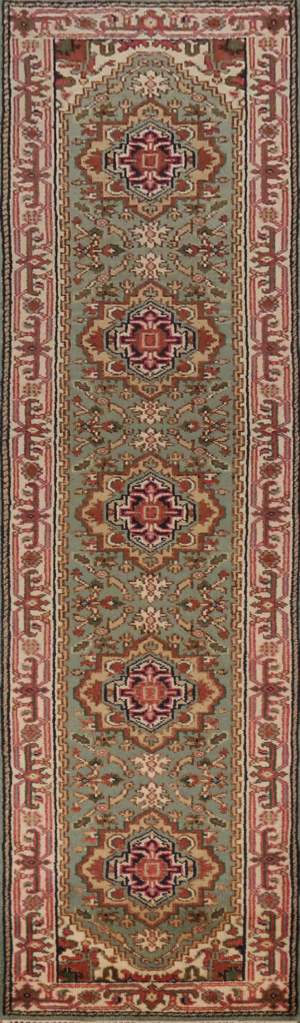 Green Wool Heriz Serapi Indian Runner Rug 3x12