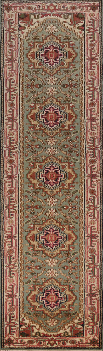 Green Wool Heriz Serapi Indian Runner Rug 3x12